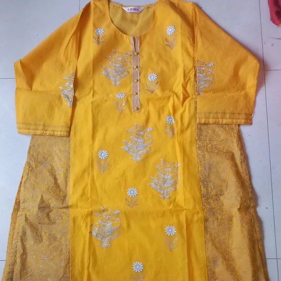 Biba printed cotton fabric yellow color kurta with pant and dupatta - Picture 2 of 5